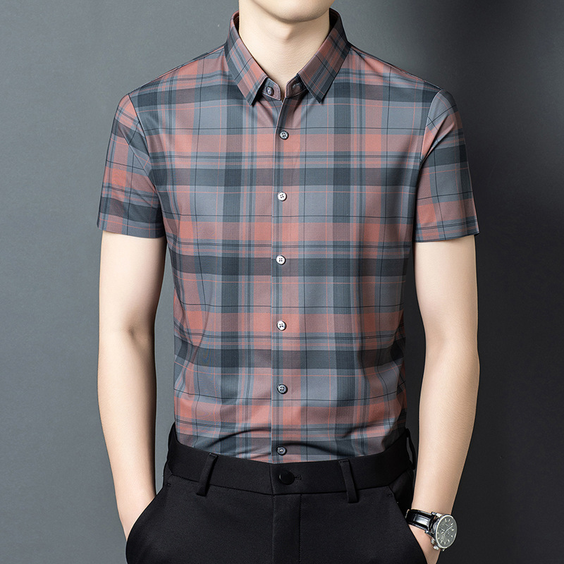 Brand Men's Short-Sleeved Shirts, Summer New Luxury Fashion Classic Plaid Shirts, Mulberry Silk Versatile Tops for Men