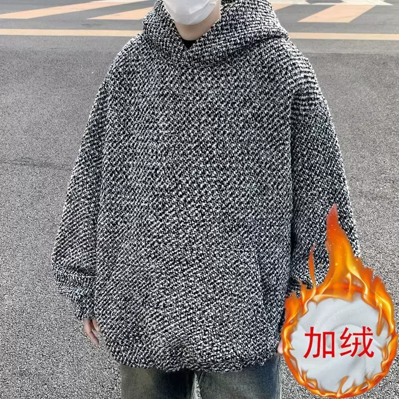 新款潮流小香风连帽卫衣男2024秋冬重磅粗花呢宽松套头长袖上衣