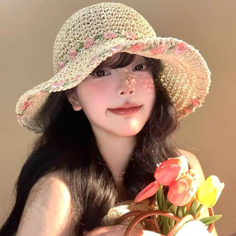 잔꽃 밀짚모자 - 베이지 핑크 테두리