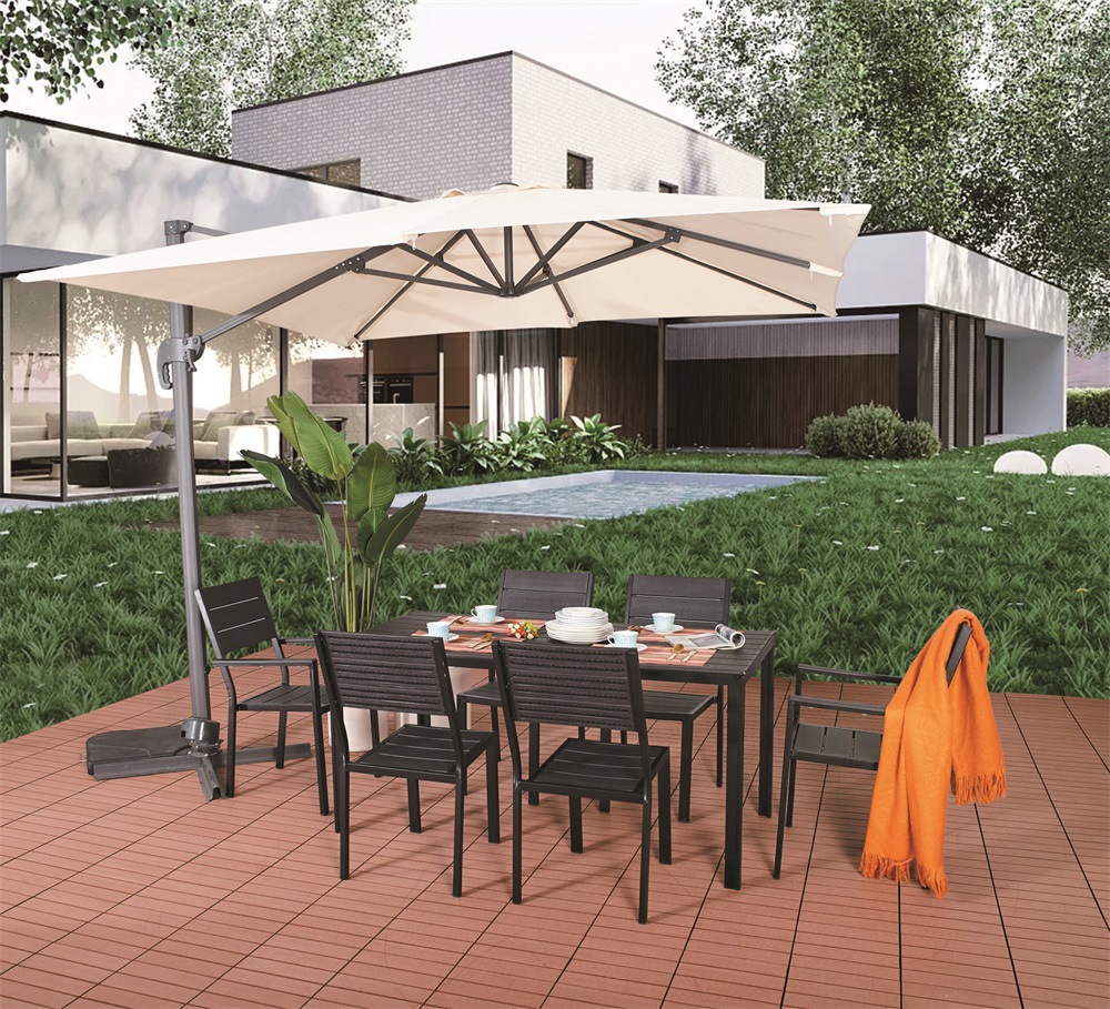 Outdoor Dining Table Set Outdoor Campground Courtyard Casual Long Table Wood Grain Table and Chair Set of Six Chairs