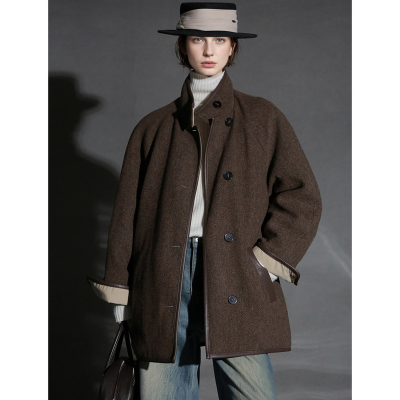 Rongtai 90 White Goose down Retro Stand Collar Double-Sided Leather Edge Woolen Jacket Women's Autumn and Winter Niche Design down Jacket Rongtai 90 White Goose down Retro Stand Collar Double-Sided Leather Edge Woolen Jacket Women's Autumn and Winter Niche Design down Jacket