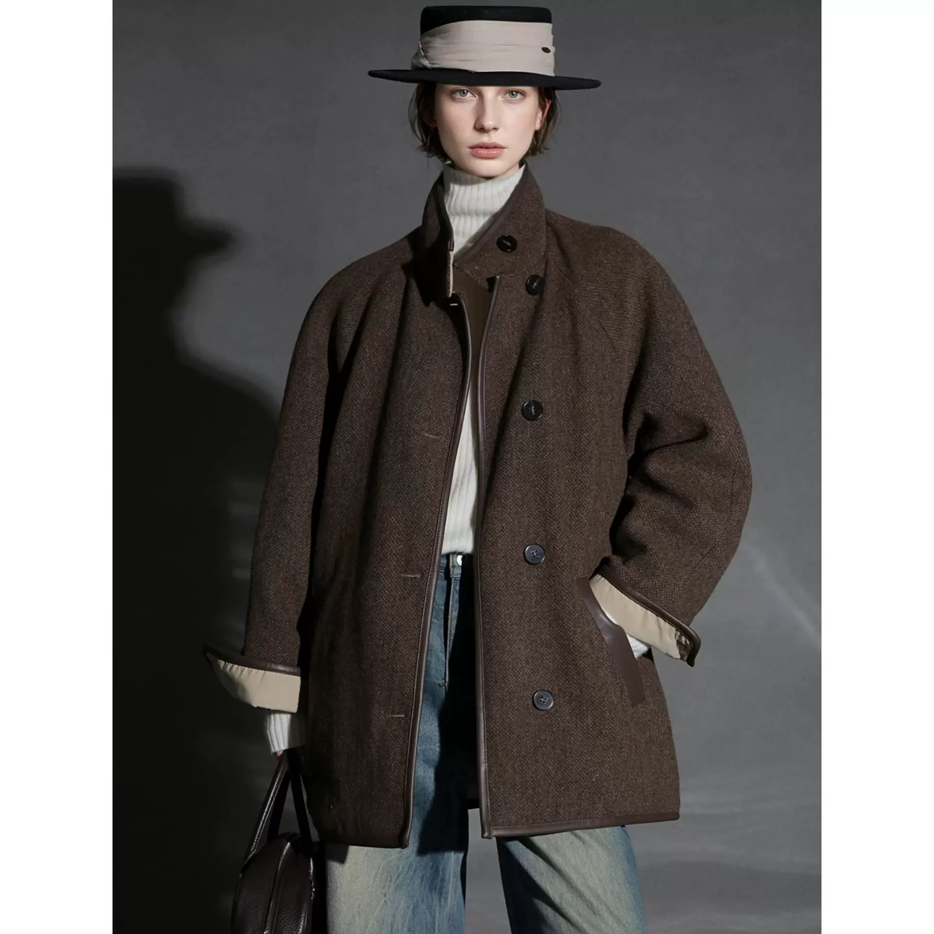 荣太90白鹅绒复古立领双面穿皮边羊毛呢外套女秋冬小众设计羽绒服