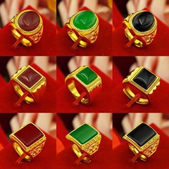大正方形、小正方形、楕円形のメンズリング、黒曜石宝石を象嵌した金メッキリング、露店供給、瑪瑙メーカー卸売