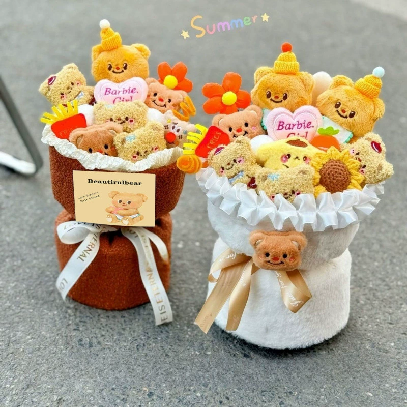 Рождественский кремовый масляный букет с медведем, кукла, мультяшный букет, кукла, подарок на день рождения для девочки, лучшего друга