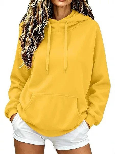 2026 European and American Cross-Border Amazon Hot-Selling Loose-Fitting Drop-Shoulder Long-Sleeve Drawstring Pocket Solid Color Hooded Sweatshirt for Women