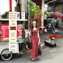 领10元券【蕾丝格调】复古泡泡袖连衣裙格纹蕾丝拼接夏季长裙