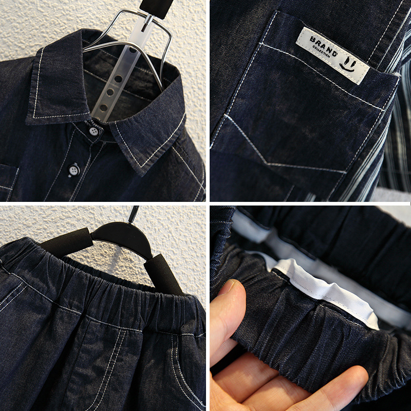 8036 traje de mezclilla de manga corta de verano para niños nueva ropa de verano para bebés de estilo occidental, camisas hermosas para niños pequeños y medianos