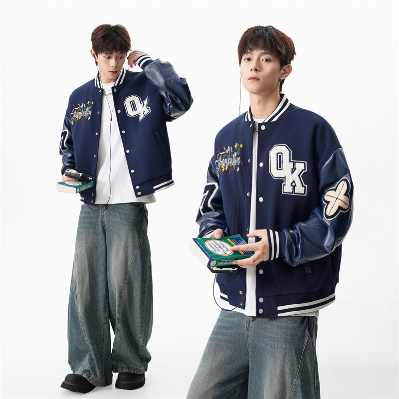 Floral Embroidery American-Style Badge Patchwork Leather Color-Block Baseball Jacket Graphene Bomber Jacket