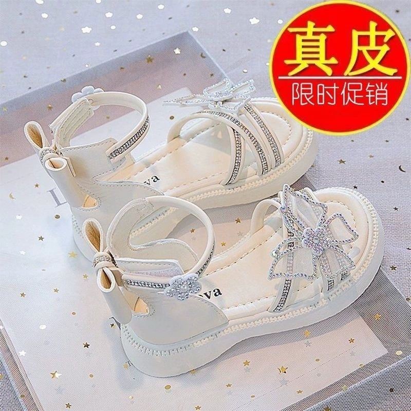 Детские сандалии для девочек лето 2024, новые, римские, с блестками и стразами, туфельки принцессы для малышек, мягкая подошва, для детей постарше