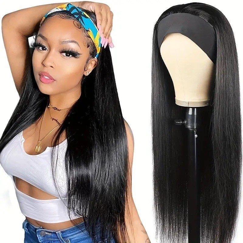 Parrucca liscia con fascia per capelli – Capelli sintetici resistenti al calore in nero/marrone/bordeaux (24/26/28/30/32 pollici)_voghion.com
