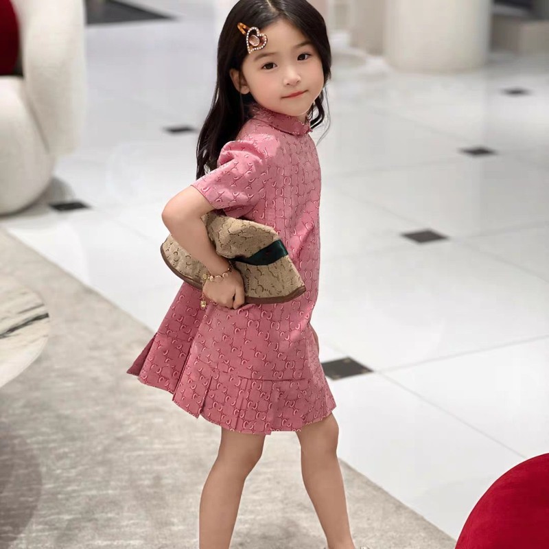 2025高品质童装女童棉质百褶裙夏季新款欧美提花字母老花连衣裙|undefined