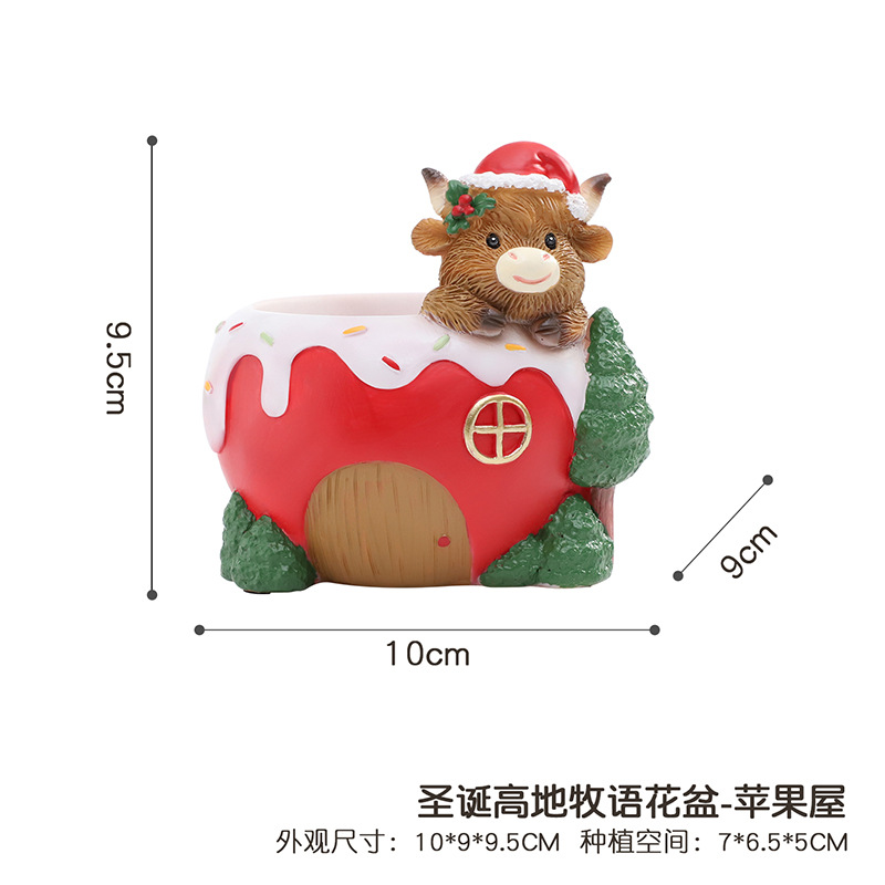 Chậu cây mọng nước hình bò Highland Giáng Sinh resin, chậu mini phong cách Bắc Âu, trang trí sân vườn (RG-204)