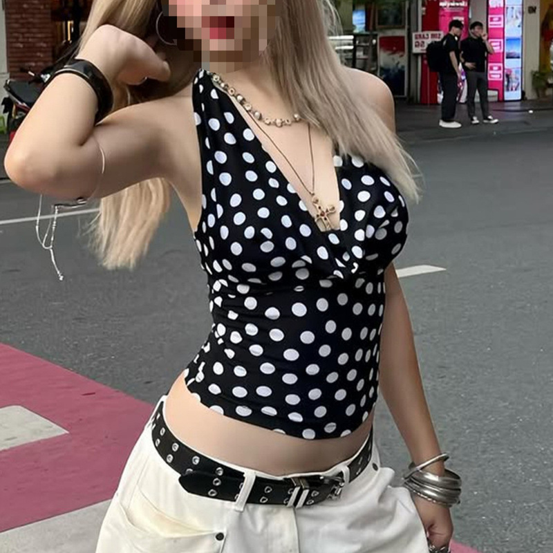 Summer Backless Pleated Sweet and Spicy Pure Lust Style Short Top Slimming Look Polka Dot Sexy Halter Ins Casual Swing Collar
