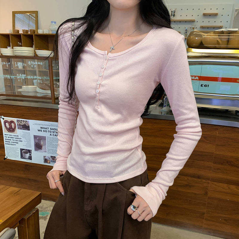 Pink Half-Open Collar Bottoming Shirt for Women 2025 New Style Accessible Luxury and High-End Sense Can Be Worn Outside Long-Sleeved Inner T-Shirt Top