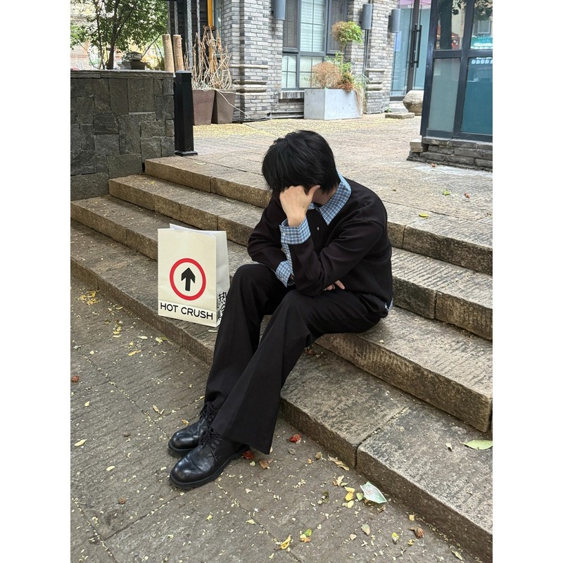 藏青色格纹拼接长袖t恤男款夏假两件美式无帽卫衣miu系polo领上衣|undefined
