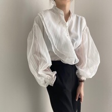 Solid color stand collarButton meshShirt��ɫ���Iϵ�۾W���r��