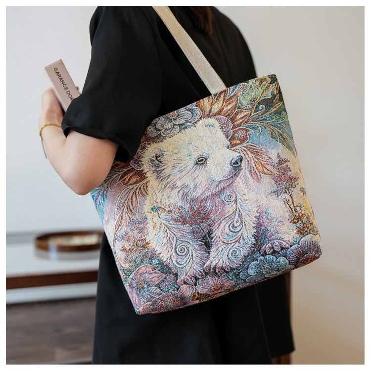 Double sided gold wire jacquard embroidered canvas student tutoring shoulder large capacity mommy bag, artistic style_voghion.com