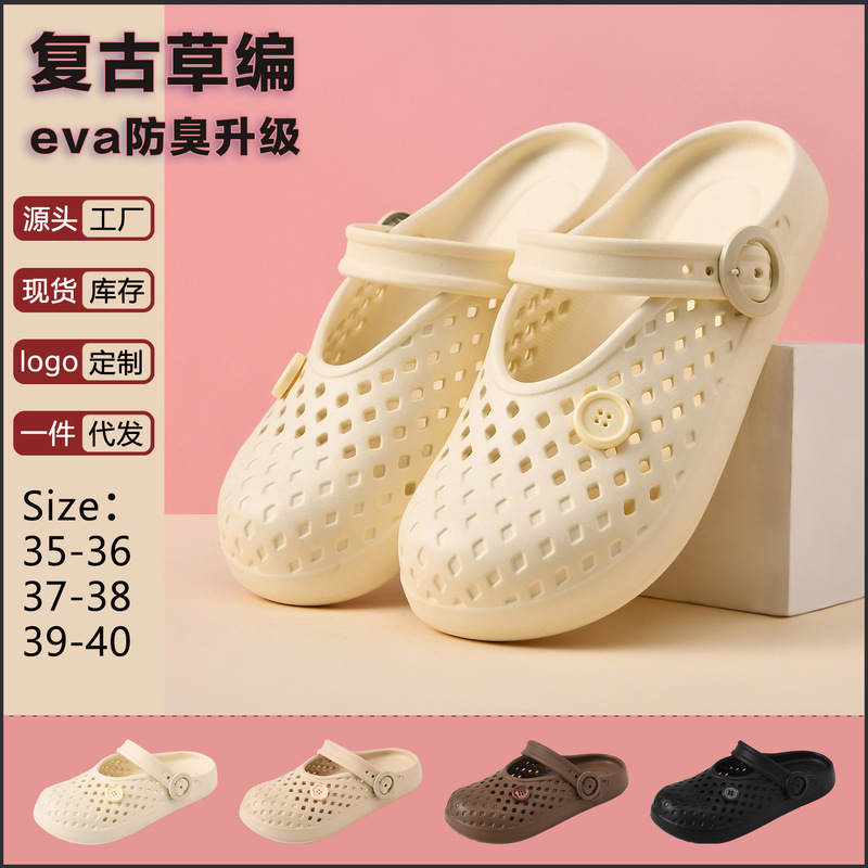 Women's Closed-Toe Slippers 2026 Summer New Style Buttoned Hollow-Out Clogs Comfortable Outdoor Flat Lazy Half-Slippers Women's Closed-Toe Slippers 2026 Summer New Style Buttoned Hollow-Out Clogs Comfortable Outdoor Flat Lazy Half-Slippers
