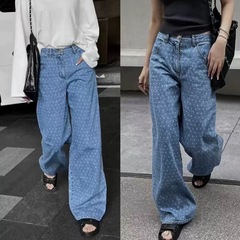 韓国版高腰ジーンズ女性2025新型ゆるいデザイン感ファッション洋風ワイドパンツ