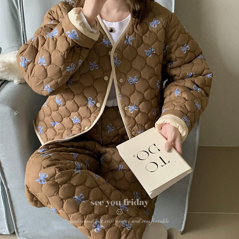 三层绗棉两面穿蝴蝶结印花夹棉睡衣套装2024韩国新款家居服女保暖