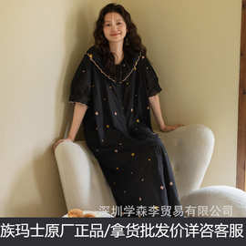 族玛士睡裙女夏宽松纯棉刺绣短袖长裙甜美可出门家居服夏天188