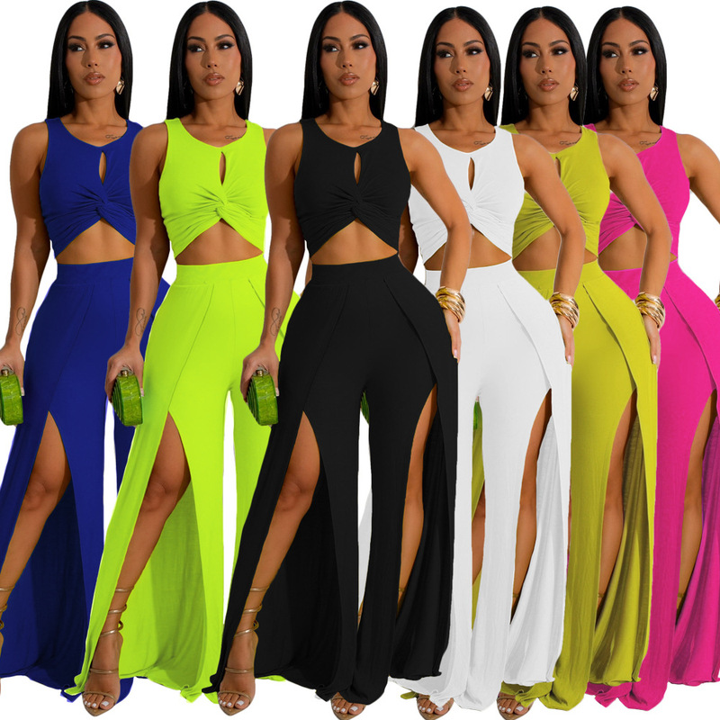 Tw468 European and American Ebay Fashion Casual Suit Slit Vest Wide Leg Pants Two-Piece Set for Women Cross-Border Amazon
