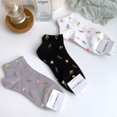 春夏新款韩国袜子东大门甜美碎花浪漫法式短筒袜精梳棉花朵女短袜|ru