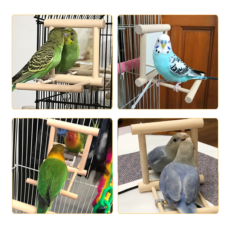 在庫あり シンプルな木製鏡面鳥用スタンド 登り台 跳躍台 鳥用ガラス鏡スタンド 小鳥・オウム用スタンド|undefined