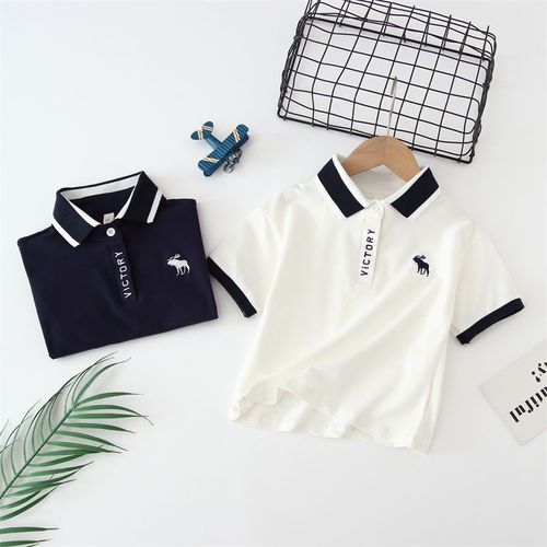 T073-Embroidered deer POLO shirt with puff sleeves for outer wear, niche style stand-up collar denim thin style small and fresh