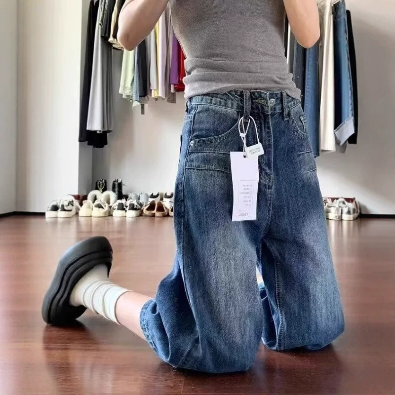American-Style Dark Blue Wide-Leg Cropped Jeans for Women, 2026 Summer New High-Waisted Slimming Loose Straight Mid-Length Pants American-Style Dark Blue Wide-Leg Cropped Jeans for Women, 2026 Summer New High-Waisted Slimming Loose Straight Mid-Length Pants