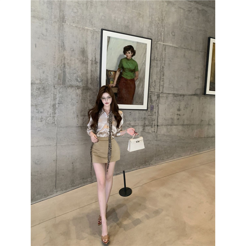 御姐风套装女气质缎面polo领长袖衬衫女秋季高级感显瘦短裙两件套|undefined