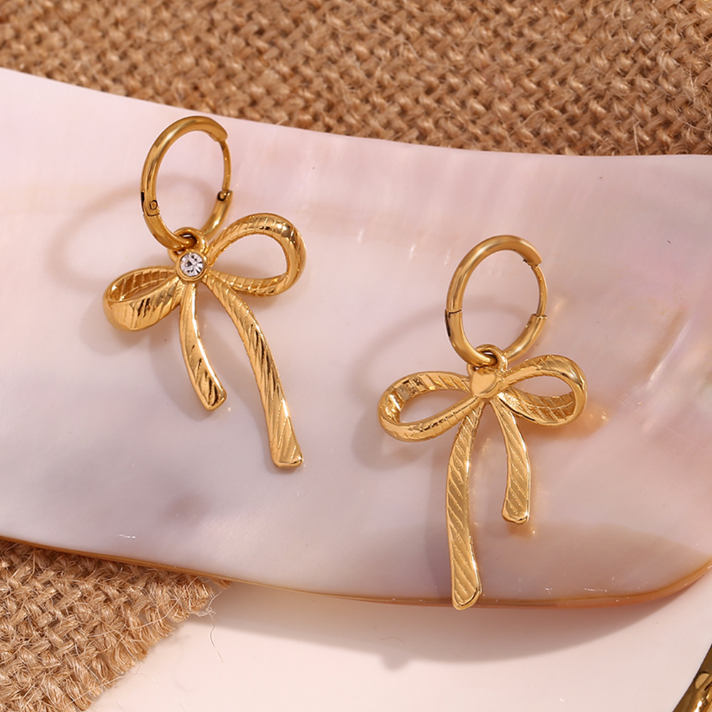 Stainless Steel Twill With Diamond Bow Earrings
