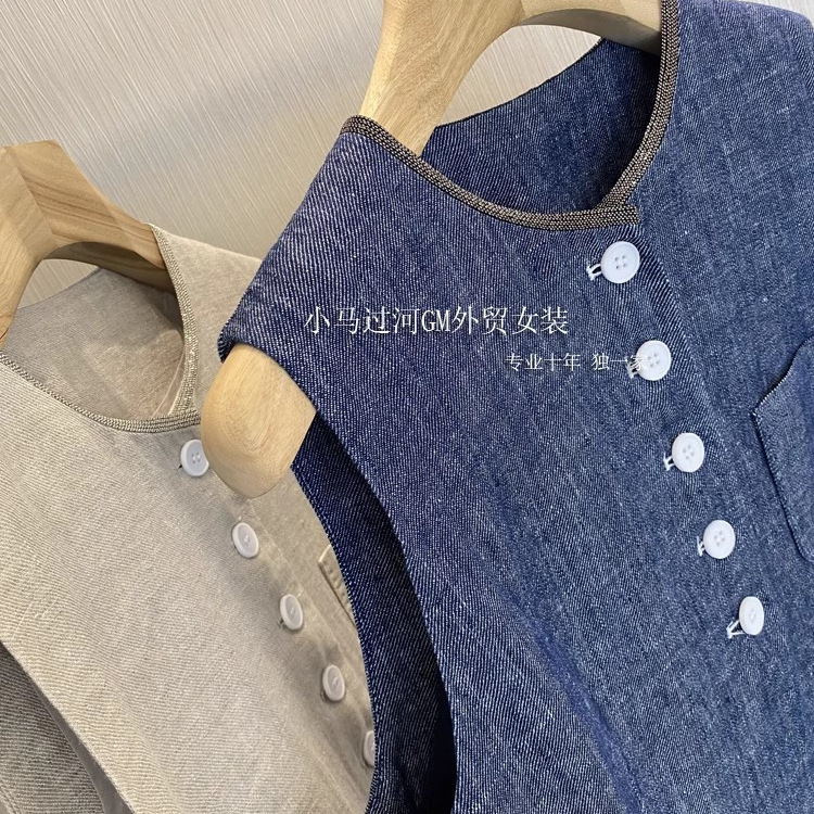 High-Quality Retro Old Money Style ~ Bc Three-Dimensional Cut Yarn-Dyed Faux Denim Linen Round Neck Vest Jacket