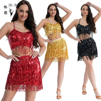 Sexy red gold sequinsjazz dance stage costumes latin samba hot pole dance tassel skirts belly dance jazz dance steel tube dance performances sequins uniform suits