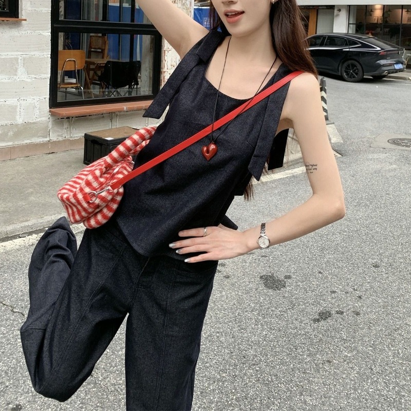 韩系新款设计感纯色绑带背心吊带上衣女夏季显瘦纯色裤长裤两件套|undefined