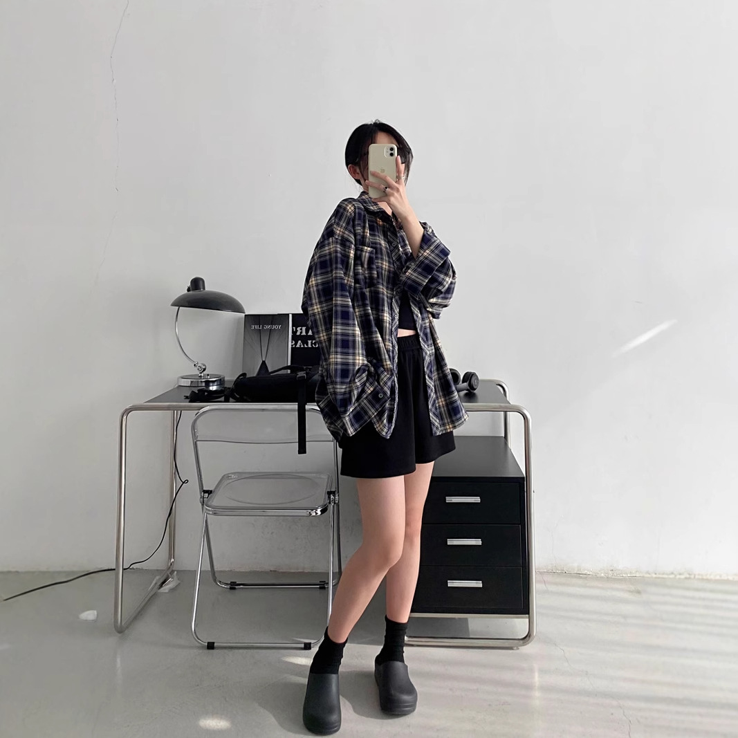 Camisa a cuadros retro americana para hombres y mujeres abrigo primavera y otoño cardigan diseño suelto camisa exterior de manga larga superior