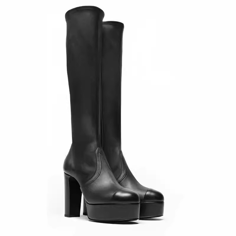 Stora högklackade vattentäta platåstövlar med elastiska klackar höst- och vinterhöga stövlar runda stövlar för kvinnor smala stövlar_voghion.com