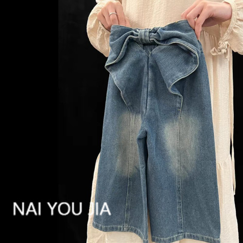 Cream-Colored Spring Denim Jeans 2025, Korean-style Chic Kids' Fashion with Designer Bow, Straight-Leg Wide-Leg Pants