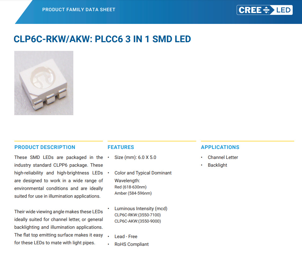 CREE LED CLP6C-AKW-CZ0B0AA3 琥珀色灯珠SMD Amber LED 591 nm