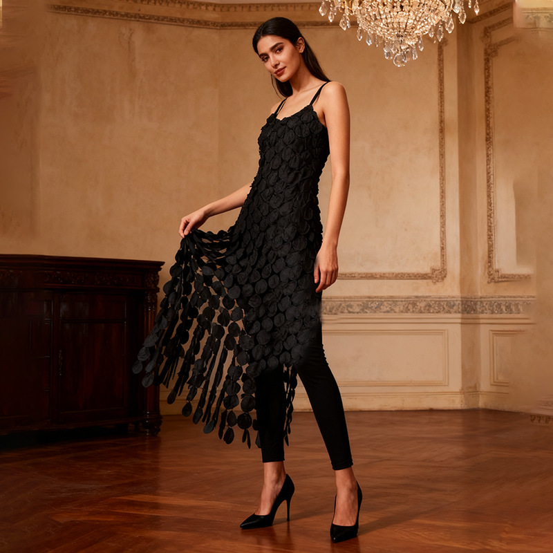 European and American Sexy Style Slim-Fitting Long Dress with Straps, 2026 Spring New Model with Embroidered Circular Design, Long Dress for Women