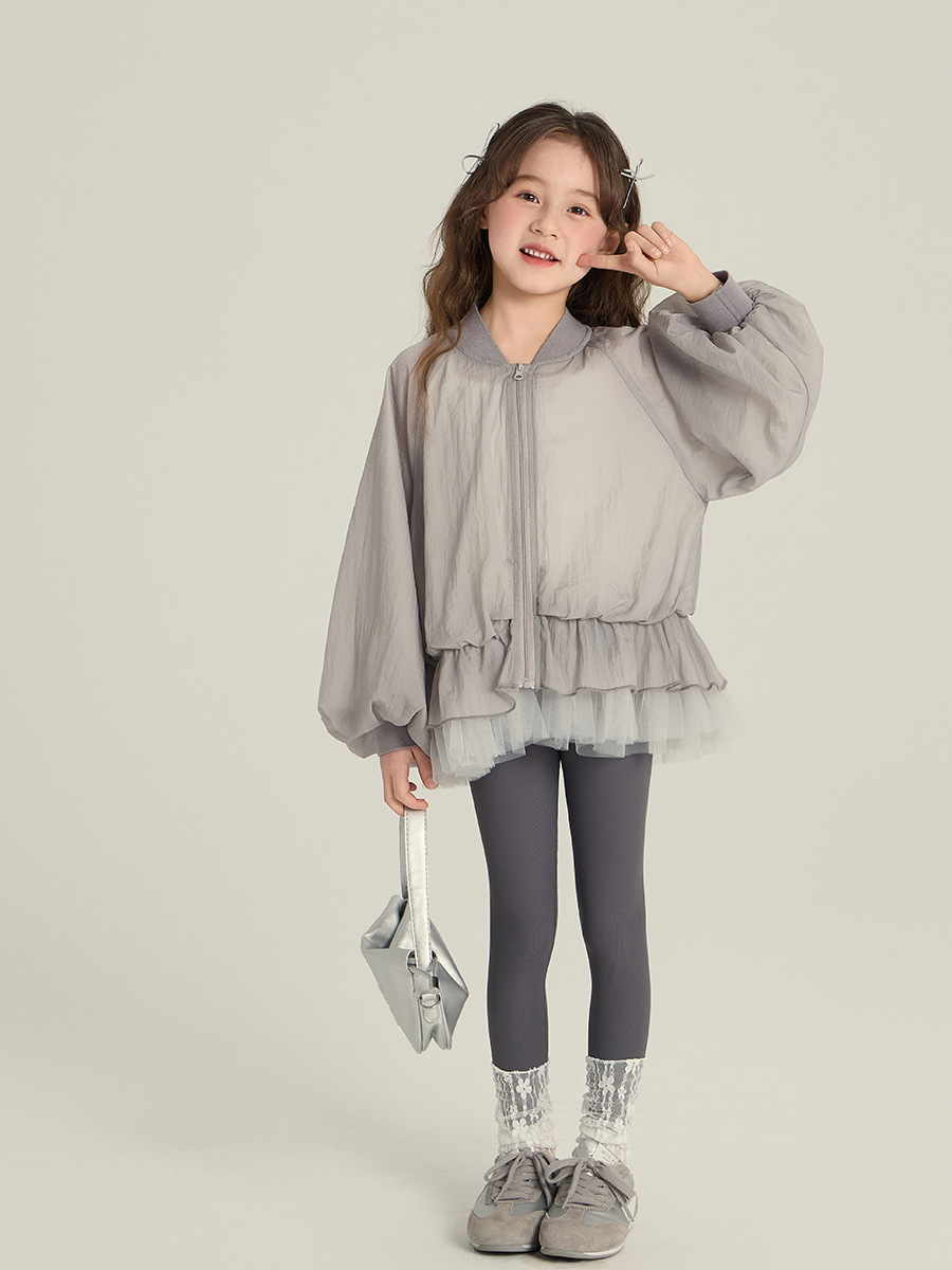 Elmo Beibei 2025 春の新スタイル中大型女の子韓国風プリンセススタイルメッシュ裾ジャケット花のつぼみトップ