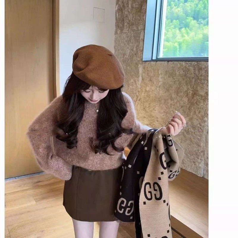 秋季新款乌梅子酱韩系慵懒风显瘦毛衣女花纱拉毛宽松软糯针织上衣|undefined