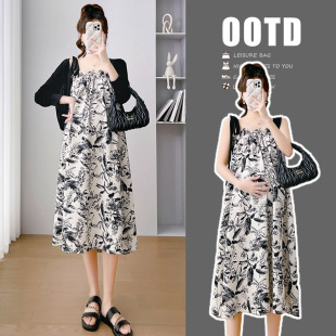 Real shot in stock summer new ink painting bow pregnant women dress sun protection clothing two-piece set