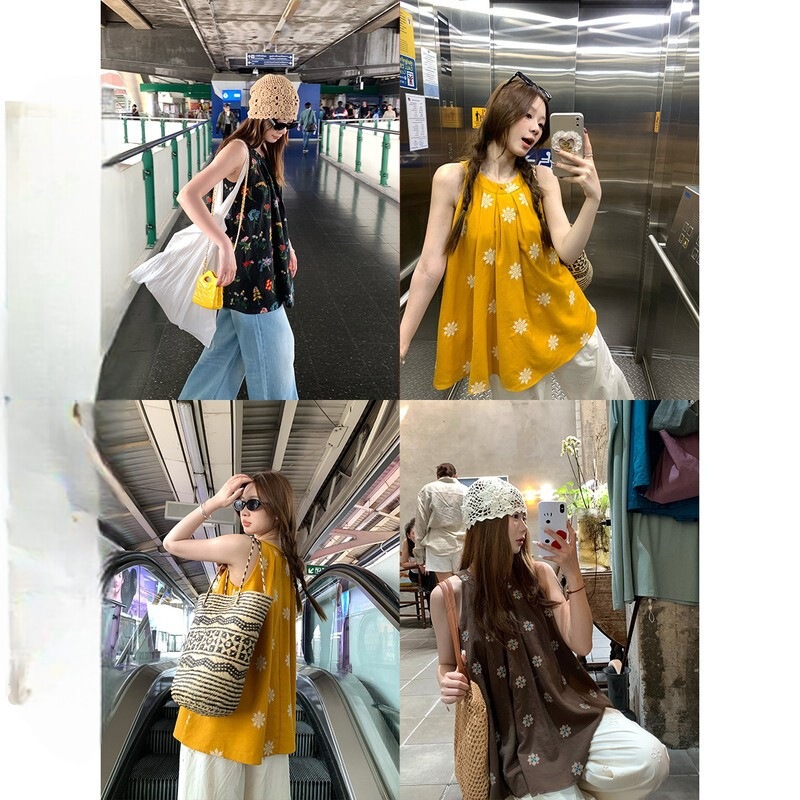 [im to] Butter Can Ruli' Heavy Industry Embroidery Material Tiansilk Hemp Sleeveless A- word Loose Neck Shirt Top