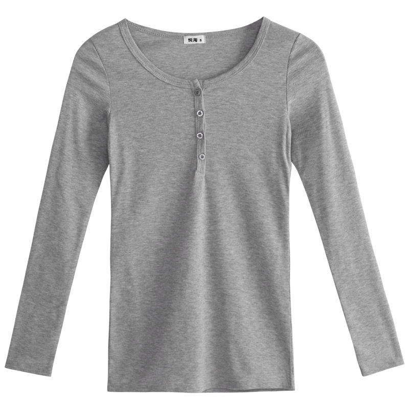 Camiseta de manga larga con botones para mujer, de algodón premium acanalado, otoño-invierno 2026, versátil, ajustada y adelgazante.