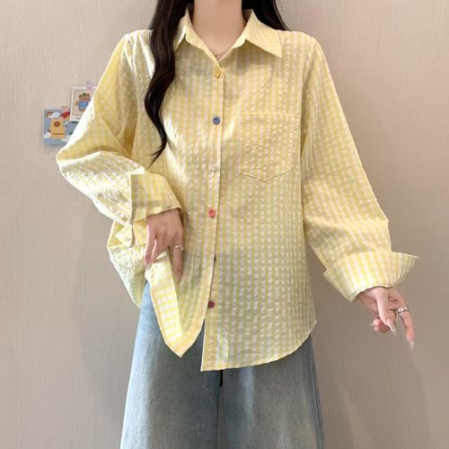 Korean-style fresh blue checkered women's spring and summer loose layering casual long-sleeved sun protective top