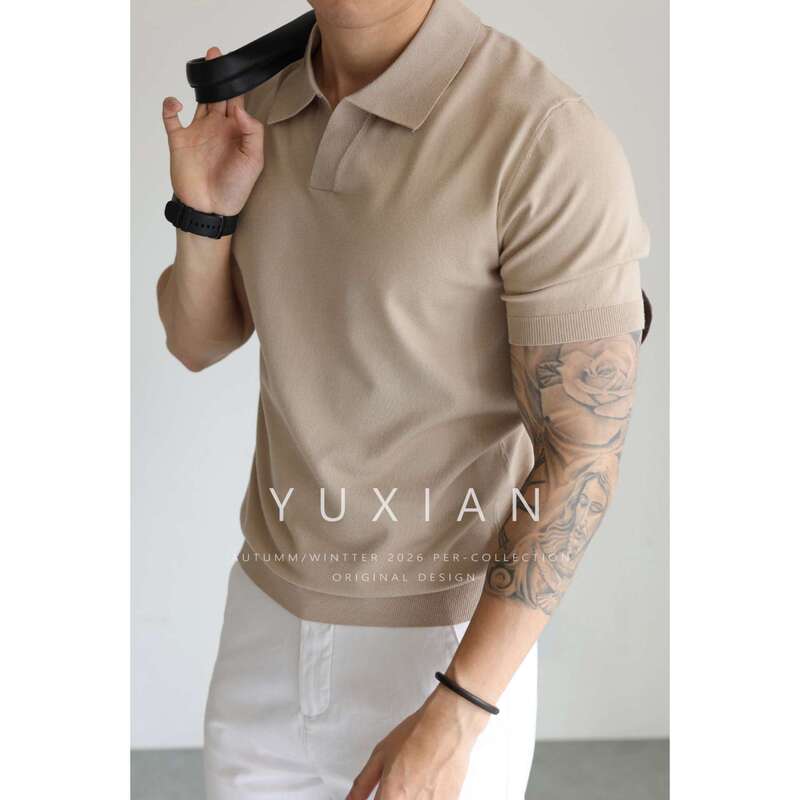 With Mulberry Silk American Style V-neck Draped Polo Shirt Men's Seagull Collar Vintage Knitted Short-sleeved Solid Color T-shirt Spring and Summer
