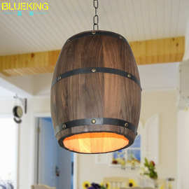 美式复古原木吊灯北欧中山家用吧台餐厅客厅装饰照明木桶吊灯