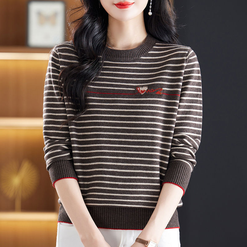 【绵羊绒】羊绒女衫秋冬圆领毛衣宽松大码条纹内搭针织羊毛打底衫