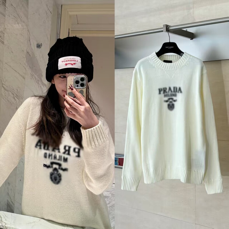 P's Correct Version of the High Version 25Ss Jacquard Logo Knitted Pullover Round Neck Three-Color Knitwear